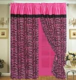 4 Pieces Faux Silk Hot Pink with Black Zebra Window Curtain / Drape Set with Sheer Backing