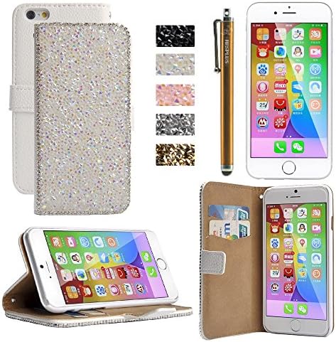 iPhone 6 Plus Case, HESPLUS Handmade Luxury Bling Rhinestone PU Leather Wallet Case with Card Slots Stand for Apple iPhone 6 Plus 5.5 Inch (white)