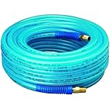 Amflo 12-100E Blue 300 PSI Polyurethane Air Hose 1/4" x 100' With 1/4" MNPT Swivel Ends And Bend Restrictor Fittings