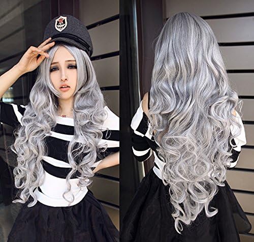 HI GIRL Fashion White Grey Mix Long Hair Curly Wavy Full Wigs Cosplay Costume Party Wig