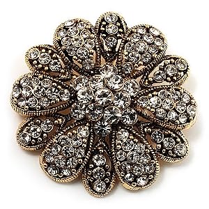 Vintage Swarovski Crystal Floral Brooch (Antique Gold)
