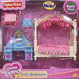 Fisher Price Loving Family Dollhouse Basic Decor Furniture Accessory Set - KID's BEDROOM with Pillow, Bed with Canopy, Vanity Table with Mirror and Vanity Chair (Dollhouse Sold Separately)