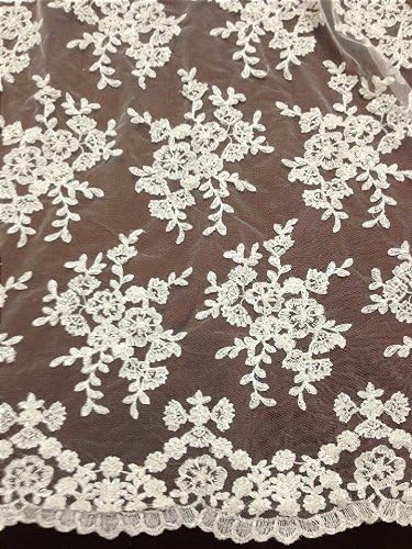 Ivory Mesh w/ Embroidery Sequins Hand Beaded Lace Fabric 52" Wide By the Yard