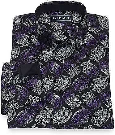 Paul Fredrick Men's 100% Cotton Paisley Hidden Button Down Collar Sport Shirt Black/purple Large