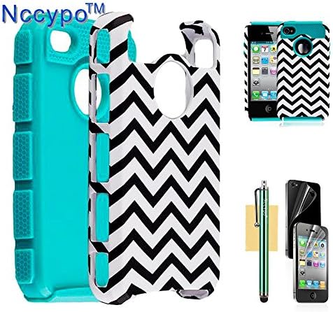 iphone 4S Case, Nccypo Retro Style Waves Pattern Dual Layer Hybrid High Impact Hard Back Case Cover Protector with Stylus,Screen Protector and Cleaning Cloth Compatible for Apple iPhone 4 4S(Deep Green)