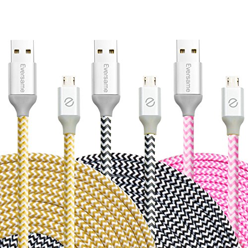 Micro USB Charger, Micro USB Cable 10Ft Eversame [3-Pack] Premium Nylon Braided High Speed Extra Long Charger Cord For Android Phones, Samsung, HTC, LG, Sony, Blackberry and more(Black White Pink)