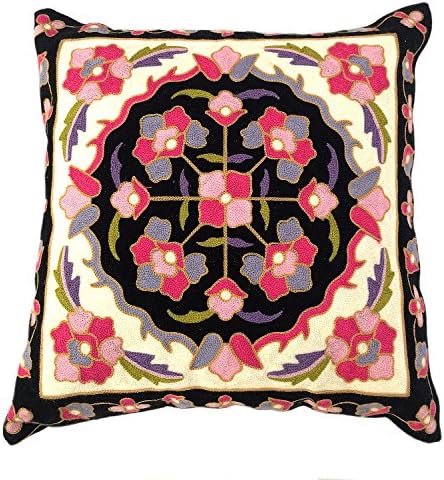 Delrosaria Cotton Embroidered Pink Floral Decorative Pillow Cover 16"x16"
