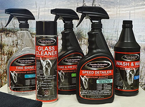 FenderSplendor Euro Car Care Platinum Package - Includes 1- 32 oz. Tire Shine, 1- 32 oz. Speed Detailer, 1- 32 oz. Tire and Rim Cleaner, 1- 32 oz. Wash & Wax, 1- 19 oz Glass Cleaner and 5- High Quality FenderSplendor Euro Car Care Microfiber Towels.... Save $25.75 Over Buying these Products Individually!
