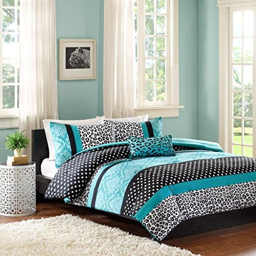 Turquoise & Black Polka Dot, Damask & Leopard Full / Queen Comforter, Shams & Toss Pillow (4 Piece Bedding)