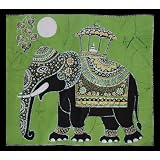 Batik Wall Hanging - Elephant (Hand made Batik Art) Green Backgroundby Nethara