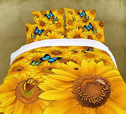 Andreannie ®3d Bedding Sets Home Textile Full of Sunflowers and Butterflies 100% Cotton Material 4pcs Duvet Cover Bed Sheet Pillowcase Queen Size for Family（comforter Not Contained）