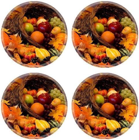 Cornucopia Horn Filled With Variety Food Round Coaster (4 Piece) Set Fabric Rubber 5 Inch Size Luxlady Coaster Cup Mug Can Water Bottle Drink Coasters Stain Resistance Collector Kit Kitchen Table Top Desk