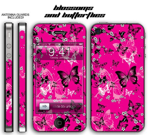 New Apple iPhone 4 Designer Skin with ANTENNA GUARDS- Pink Blossoms & Butterflys