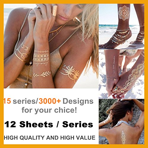 12 Premium Sheets($0.58/pc) - Love Nest Metallic Flash Gold and Silver Bling Waterproof,botanical Custom Temporary Tattoos Sticker for Men Woman Decoration Spray Waterproof Stickers Design S8