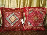 2 Electric Crimson Beaded Embroidered Cushion Covers Vintage Sari Pillow Covers 16x16 inches