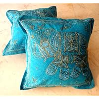 2 Turquoise Handcrafted Sequin Embroidery Ethnic Indian Elephant Design Throws Pillow Cases Toss Cushion Covers