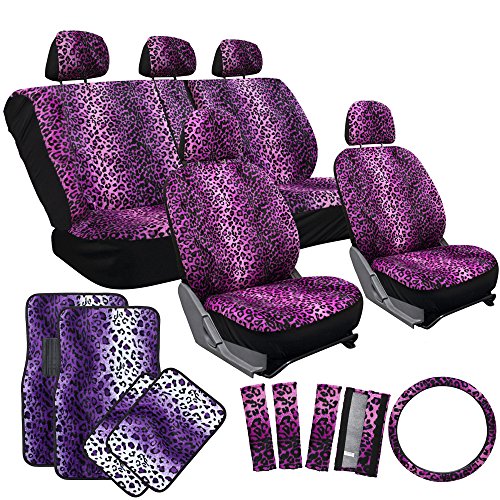 OxGord 21pc Leopard Seat Cover & Floor Mat Set for the Toyota Prius Hatchback in Purple Leopard Print
