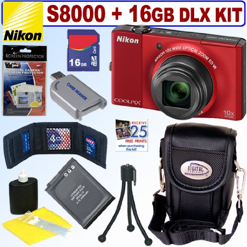 Nikon Coolpix S8000 14 MP Digital Camera (Red) + 16GB Deluxe Accessory Kit