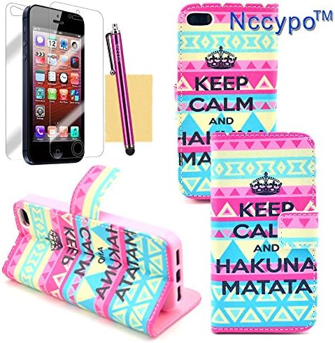 iphone 5S Case, Nccypo Newfangled Aztec Tribal Keep Calm and Hakuna Matata Print PU Leather Wallet Type Magnet Flip Stand Design Protective Skin Case Cover with Credit Card Slots,Stylus,Screen Protector and Cleaning Cloth For Apple iPhone 5 5S
