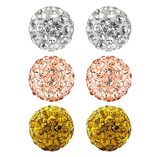 Areke Women's Bling Fireball Disco Ball Stud Earring Stainless Steel Cubic Zirconia Hypoallergenic Earrings Color White Golden Rose