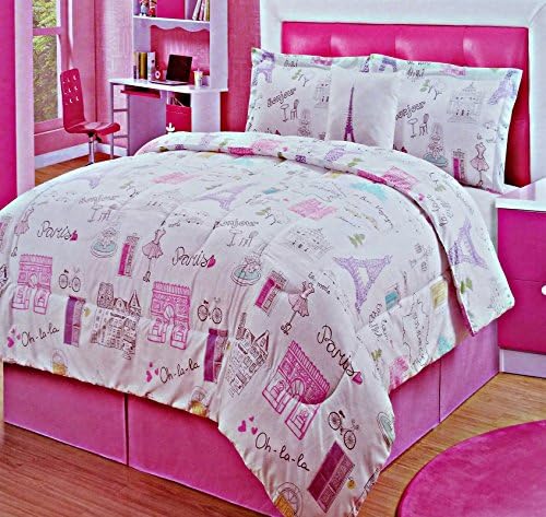 Full Size Girls Paris Eiffel Tower Comforter Set + Embroidered Accent Pillow