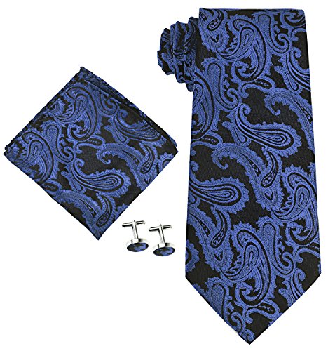 Coxeer® Men's Paisleyc Prom Necktie Sets :Cufflinks+pocket Square+cufflinks (Deep Blue)