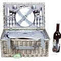 4 PERSON WILLOW WICKER PICNIC BASKET HAMPER SET - STRIPED LINING