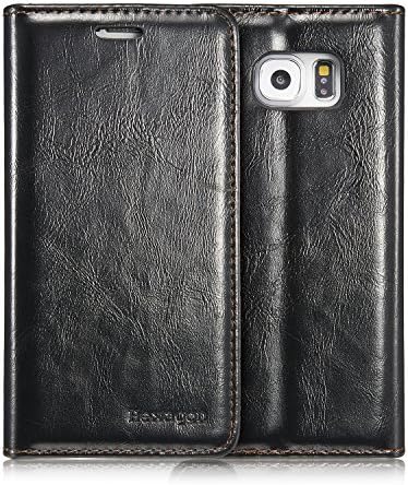 Samsung Galaxy S7 and Galaxy S7 Edge - Galaxy S6 and Galaxy S6 Edge Hexagon Case - Luxury Wallet Magnetic Flip Cover Leather Case for Galaxy S7, S7 Edge and S6, S6 Edge (S6 Black)
