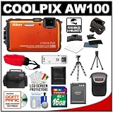 Nikon Coolpix AW100 Shock & Waterproof GPS Digital Camera (Orange) with 16GB Card + Handlebar & Helmet Mount + Battery + Case + Floating Strap + Tripod + Kit