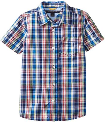 Tommy Hilfiger Little Boys' Rownan Short Sleeve Toddler Plaid Woven, Flag Blue, 4T