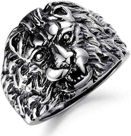 Janestore Black Silver Stainless Steel Lion Head Band Biker Men Ring Size 7 -11