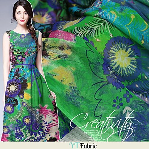 Colorful Floral Printed Green Pure Silk Chiffon Fabric By The Yard, Arts, Crafts &amp; Sewing Silk Fabric for Sale, 53" Width