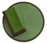 Tag Two-Tone Woven Round Placemat and Napkins, Set of 4, Olive Green with Chocolate Border