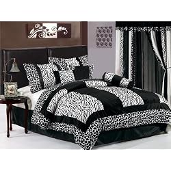 7 Pieces Black & White Micro Fur Zebra with Giraffe Design Comforter Set / Bed-in-a-bag Full or Double Size Bedding
