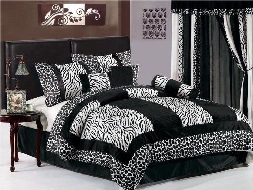 7 Pieces Black & White Micro Fur Zebra with Giraffe Design Comforter Set / Bed-in-a-bag Full or Double Size Bedding