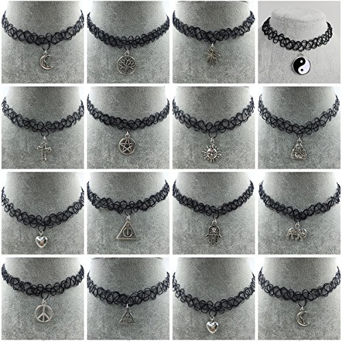 iWenSheng 14pcs Black Gothic Stretch Double Line Henna Tattoo Choker Collar Charm Pendant Necklace for 80s 90s (Pack of 14pcs)