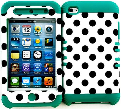 myLife 2 Layered Protection Hybrid Case for Apple iPod 4 iTouch {Teal, Black and White "Balanced Polka Dots" Three Piece SECURE-Fit Rubberized Gel}