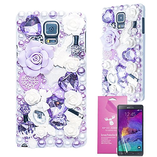 Samsung Galaxy Note 4 Case, EpicGadget(TM) 3D Handmade Lavender Fairy Tale Design Bling Floral Hard Case Cover for Samsung Galaxy Note 4 SM-N910S SM-N910C with HD Clear Screen Protector (US Seller!!) (Lavender Fairy Tale Case)