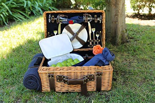 Picnic Pack USA English Style Wicker Picnic Basket With Built-in Food Compartment Corduroy Lining, Upscale Service for 2 With Fleece Blanket - Blue