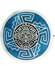 Sterling Silver Aztec Calendar Mandala Brooch Pin Pendant w/ Blue Enamel Background, 1 1/2 inch wide