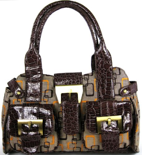 Womens Dark Brown Croc Canvas Designer Shoulder Handbag