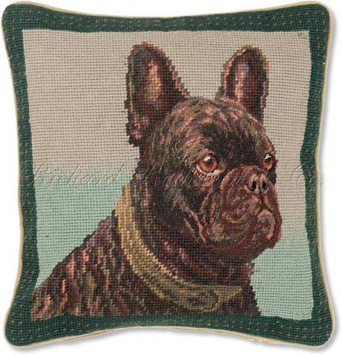 Elegant Portrait Pose of a French Bulldog with Emerald and Gold Frame Needlepoint Pillow Free Shipping!