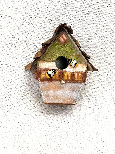 Bee Wooded Tiny Terrarium Birdhouse Hand-Painted Pinecone Shingles Glass Tiles