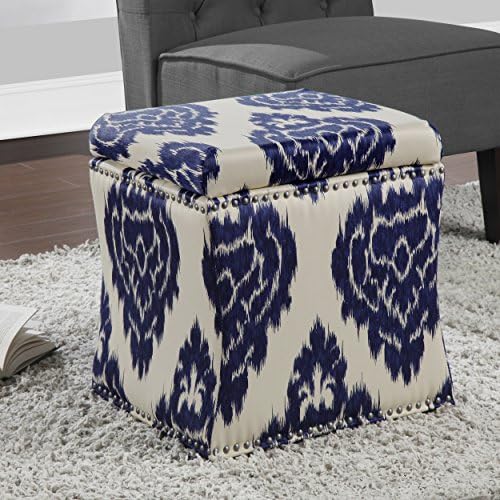 19 Inches Curved Cube Blue and Cream Ikat Patterned Storage Ottoman with Removable Top- Assembly Required