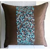 Cocoa & Turq - Decorative Pillow Covers - Silk Pillow Cover Embellished with Beads & Sequins