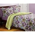 Bohemian Retro Floral Purple and Green Quilt and Sham Set