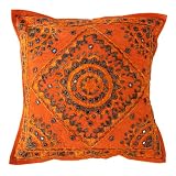 Delightful Attractive Silk Thread Embroidery Cotton Cushion Pillow Cover Set with Mirrors Work Orange Color Cotton Cushion Cover Throw Pillow Cover Comforter Sets India (Size 16x16) (5 Pcs)