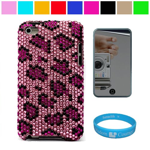 Premium Two Piece Rhinestone Design Protective Cover Case for Apple iPod Touch 4th Generation (8GB 16GB 32GB) iPod Touch 4 Latest Gen + Mirror Screen Protector for Apple iPod Touch 4th Generation + SumacLife TM Wisdom Courage Wristband, Pink Cheetah