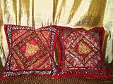 2 Carmine Red Beaded Cushion Covers Vintage Sari Pillow Covers 16x16 inches