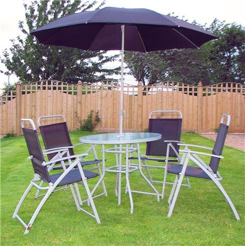 DERRY 6 PIECE TEXTOLINE PATIO SET IN BLACK INCLUDES PARASOL